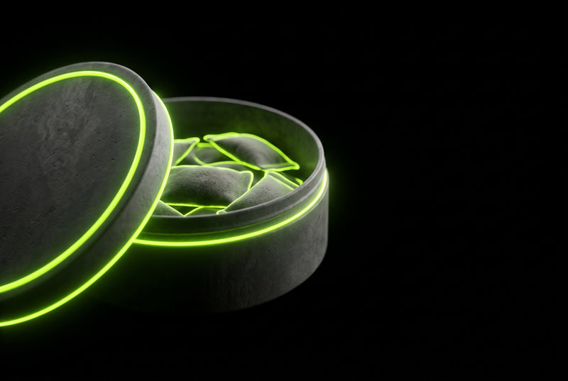 Open pouch tin with lid off outlined in green neon - first time using a caffeine pouch