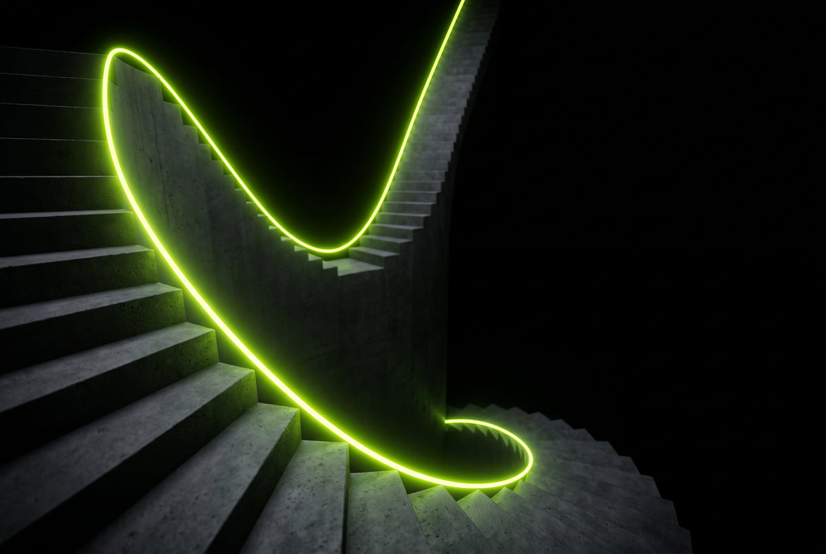 Descending steps with a dipping green neon curve - the afternoon energy crash