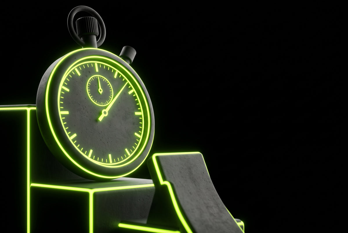 Stopwatch and starting blocks outlined in green neon - caffeine timing ritual
