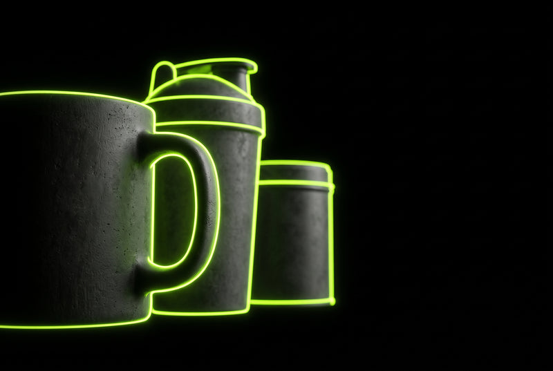 Coffee mug, shaker bottle and pouch tin compared in green neon outline