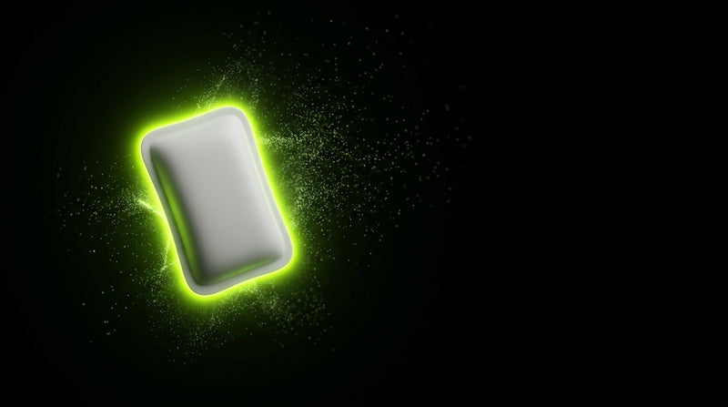 Abstract visualization of a caffeine pouch activating and releasing